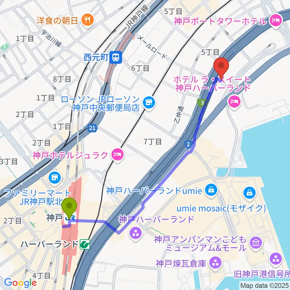 神戸駅から神戸ジェームスブルースランドへのルートマップ地図