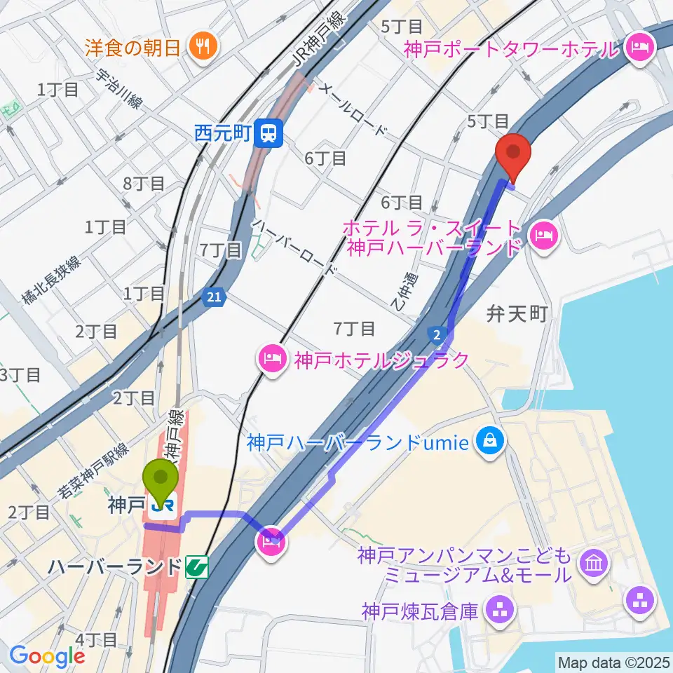 神戸駅から神戸ジェームスブルースランドへのルートマップ地図