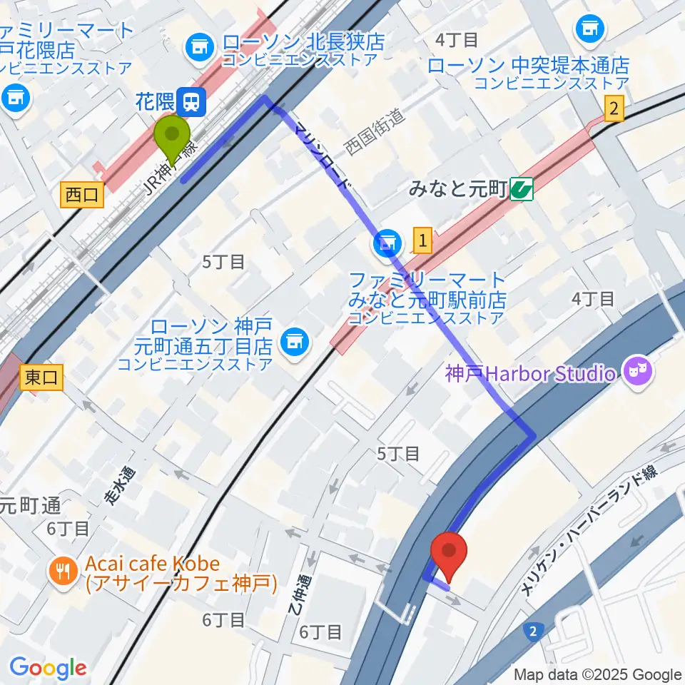 花隈駅から神戸ジェームスブルースランドへのルートマップ地図