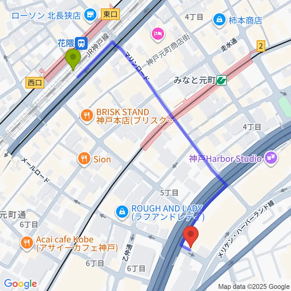 花隈駅から神戸ジェームスブルースランドへのルートマップ地図