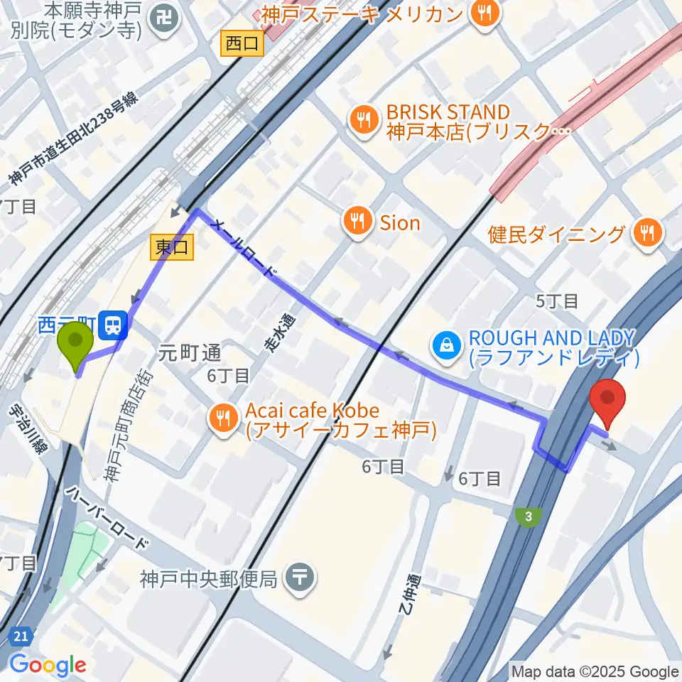 西元町駅から神戸ジェームスブルースランドへのルートマップ地図