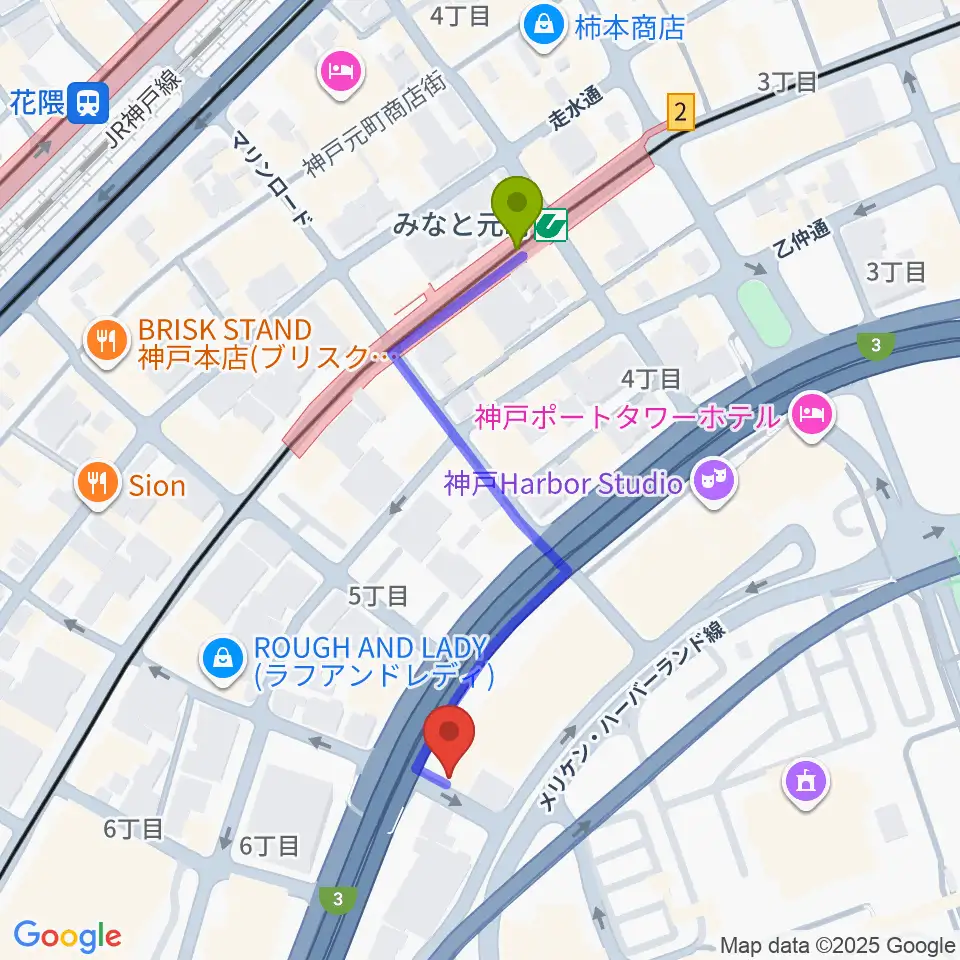 神戸ジェームスブルースランドの最寄駅みなと元町駅からの徒歩ルート（約4分）地図