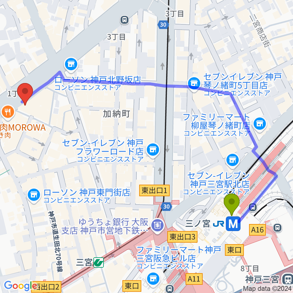 神戸ガレージパラダイスの最寄駅三ノ宮駅からの徒歩ルート（約6分）地図