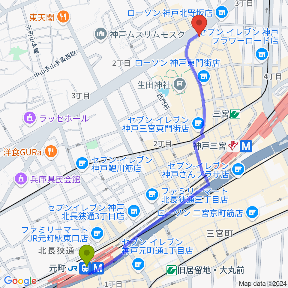 元町駅から神戸ガレージパラダイスへのルートマップ地図