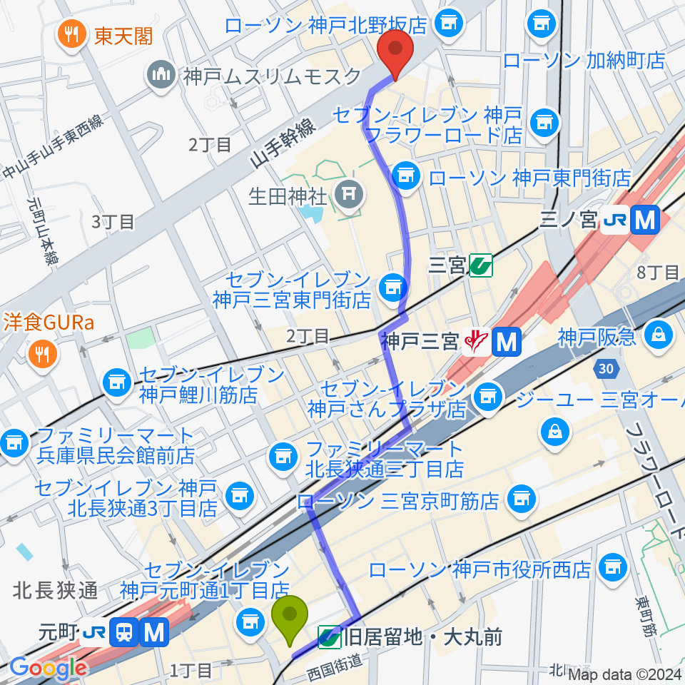 旧居留地・大丸前駅から神戸ガレージパラダイスへのルートマップ地図