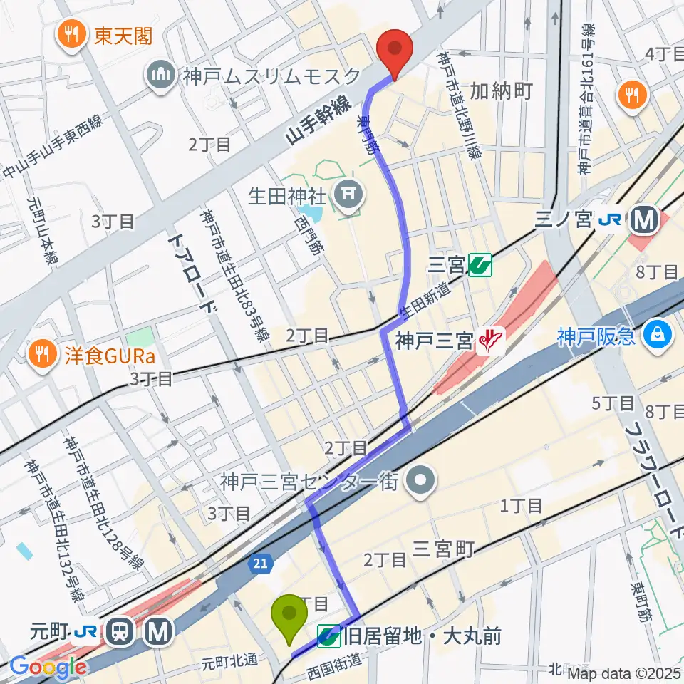 旧居留地・大丸前駅から神戸ガレージパラダイスへのルートマップ地図