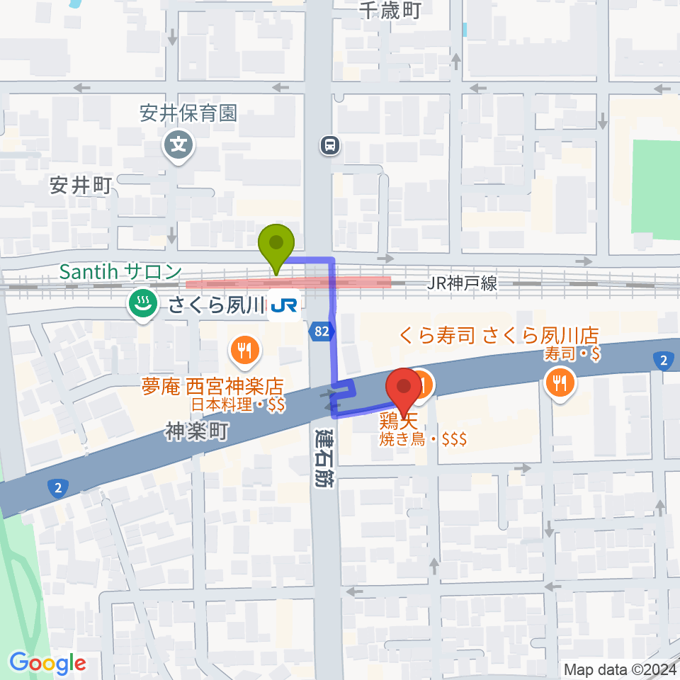 西宮フォートワースの最寄駅さくら夙川駅からの徒歩ルート（約2分）地図