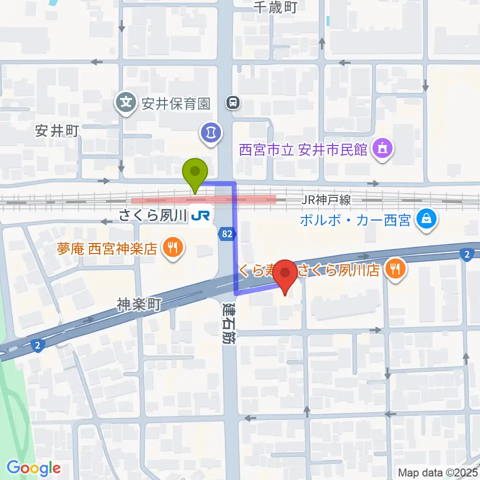 西宮フォートワースの最寄駅さくら夙川駅からの徒歩ルート（約2分）地図