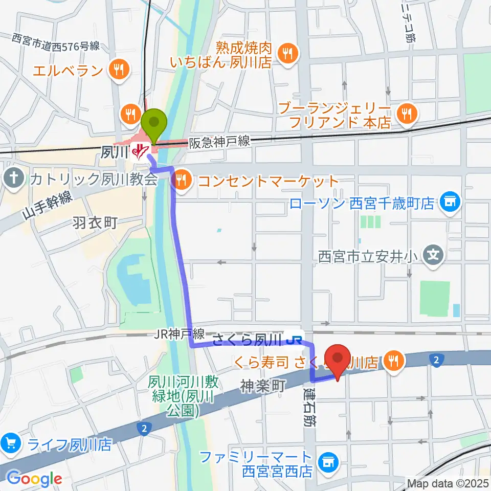 夙川駅から西宮フォートワースへのルートマップ地図