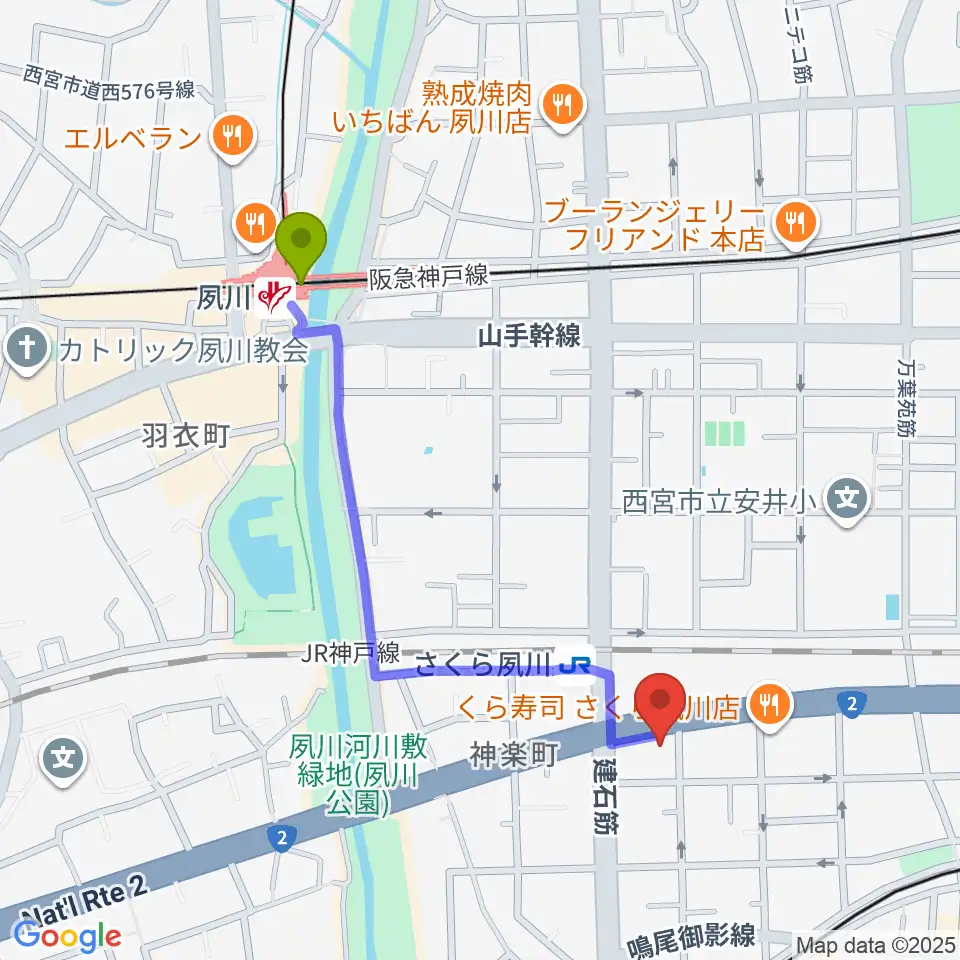 夙川駅から西宮フォートワースへのルートマップ地図