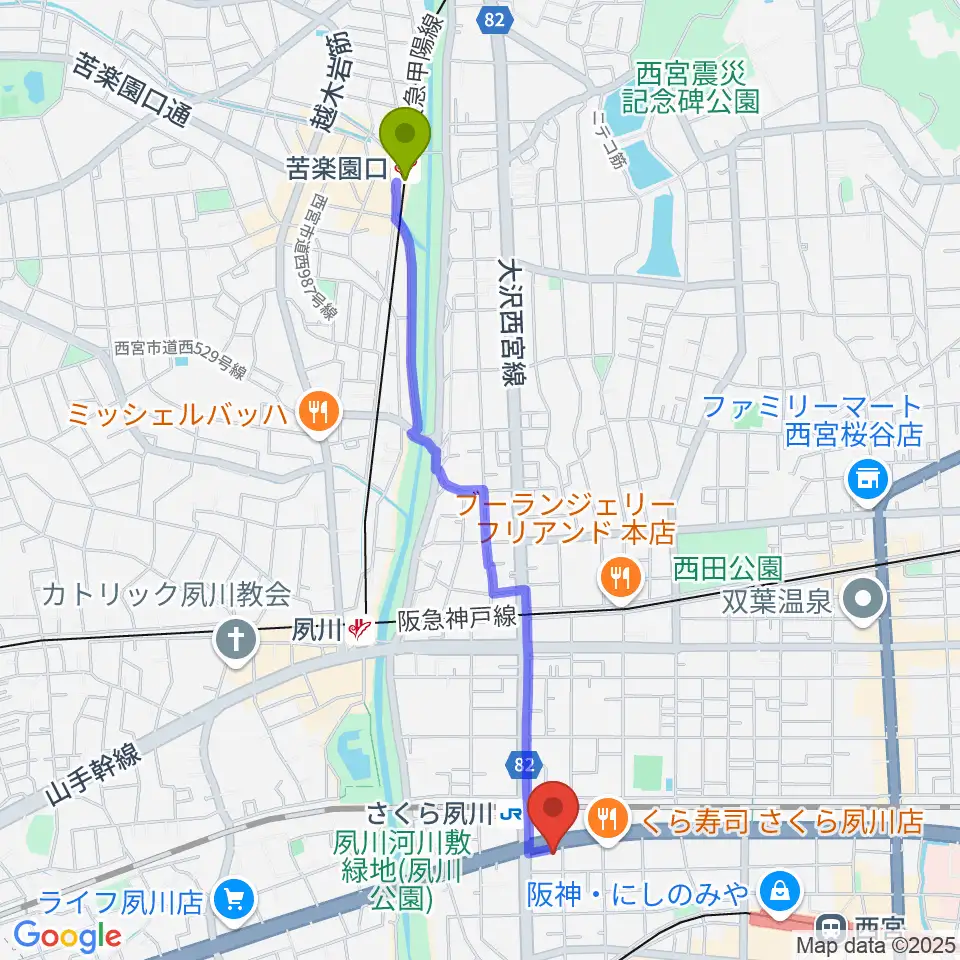 苦楽園口駅から西宮フォートワースへのルートマップ地図