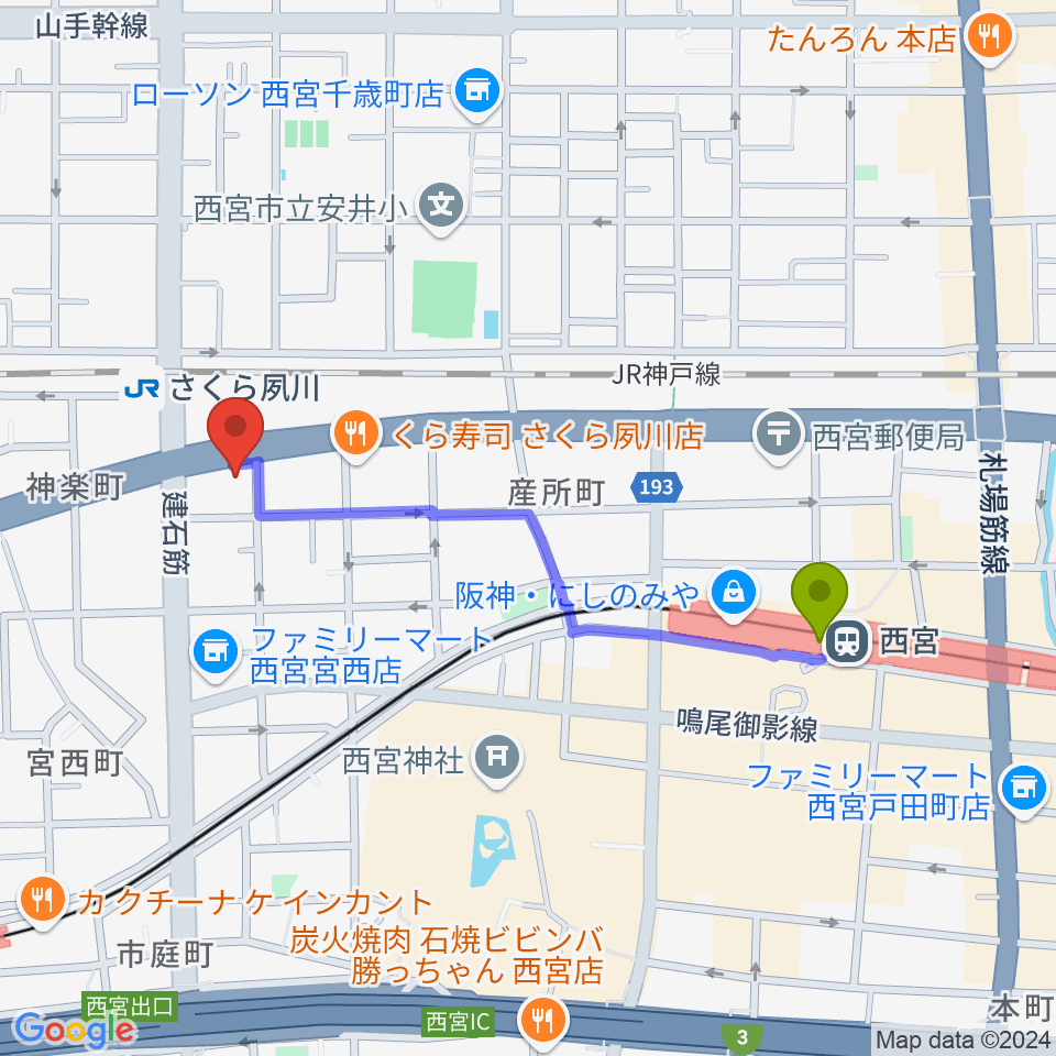 西宮駅から西宮フォートワースへのルートマップ地図