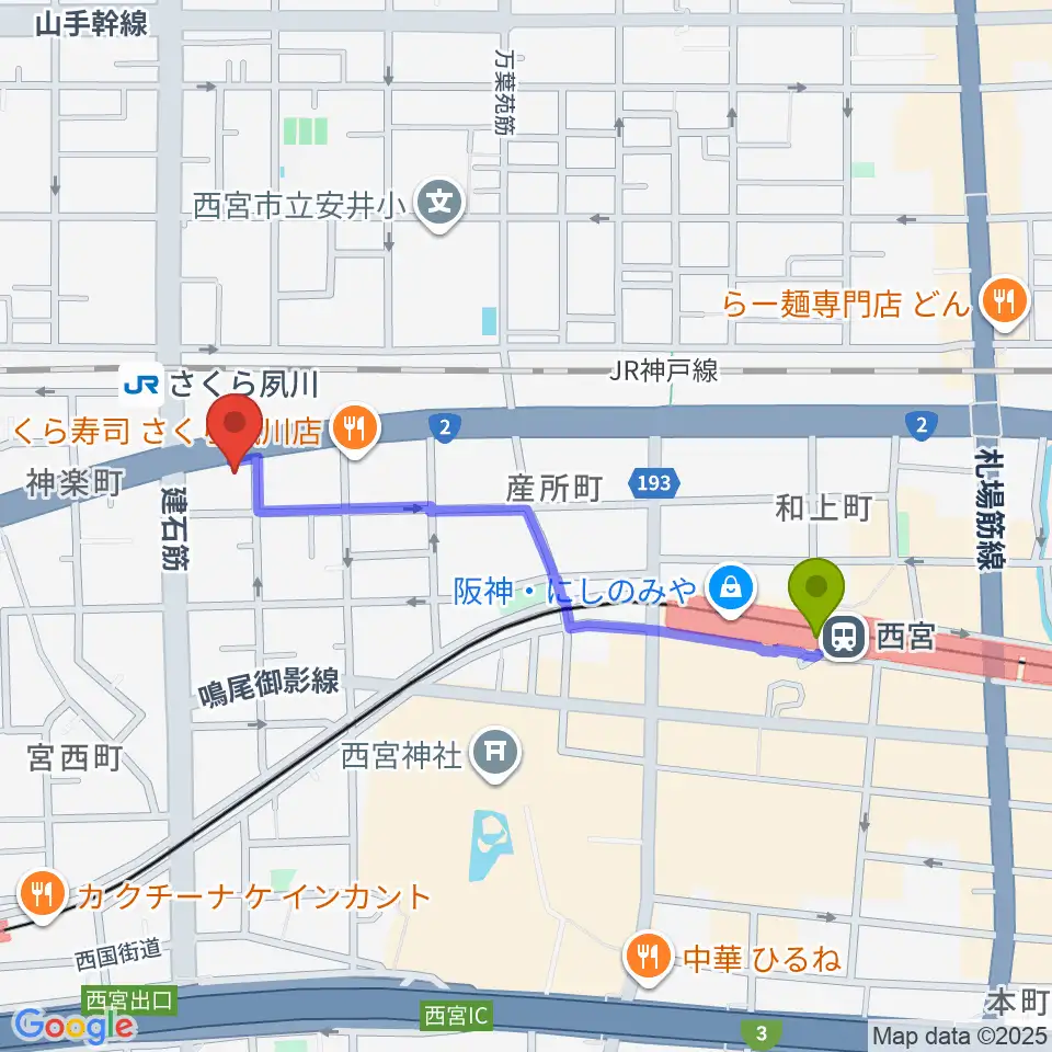 西宮駅から西宮フォートワースへのルートマップ地図