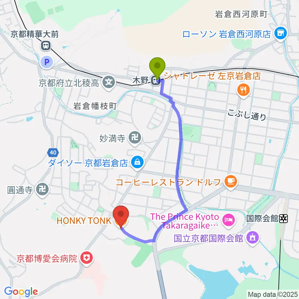 HONKY TONK KYOTOの最寄駅木野駅からの徒歩ルート（約16分）地図