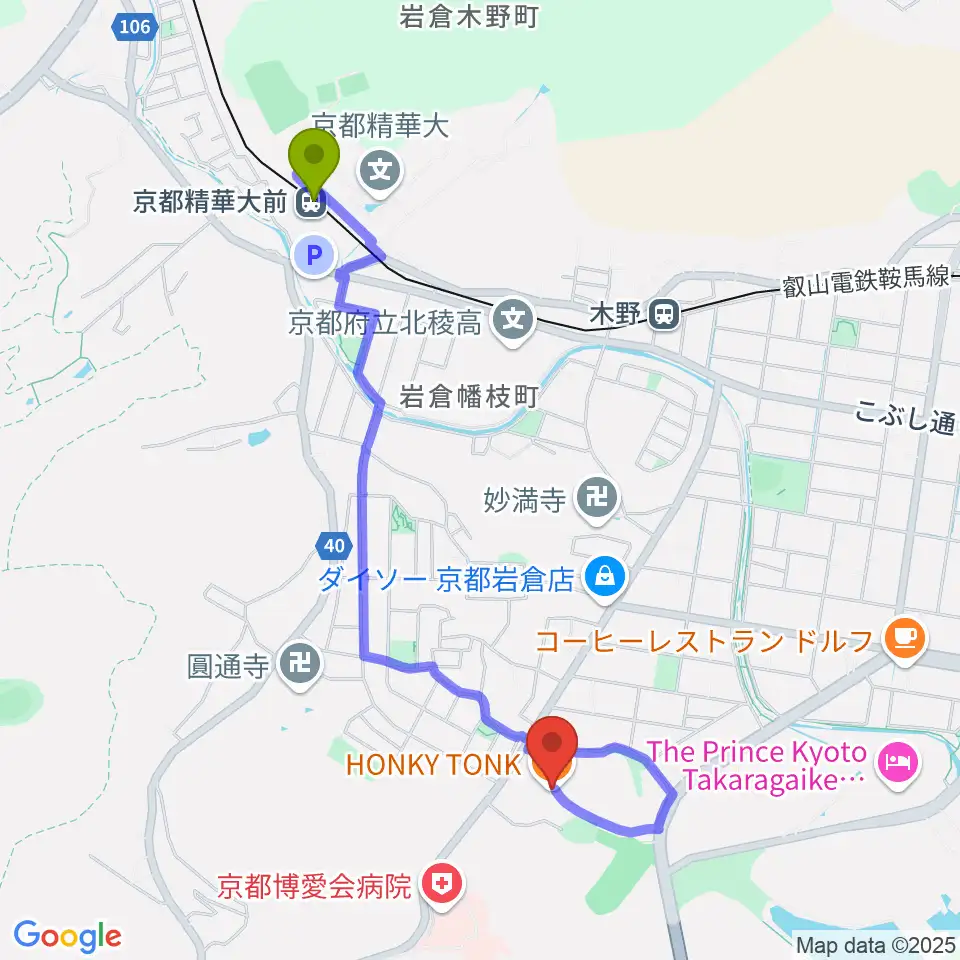 京都精華大前駅からHONKY TONK KYOTOへのルートマップ地図