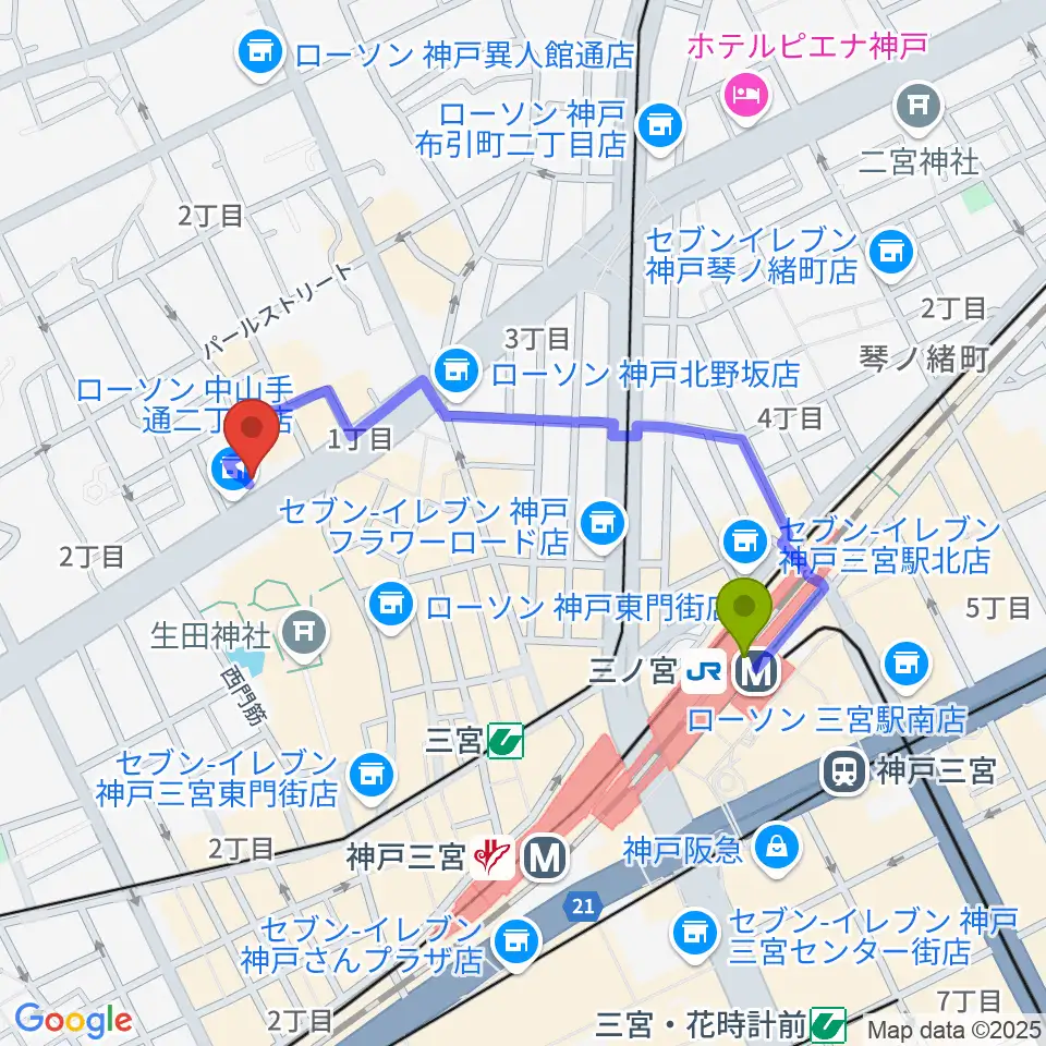 reggae bar JAMDUNGの最寄駅三ノ宮駅からの徒歩ルート（約8分）地図