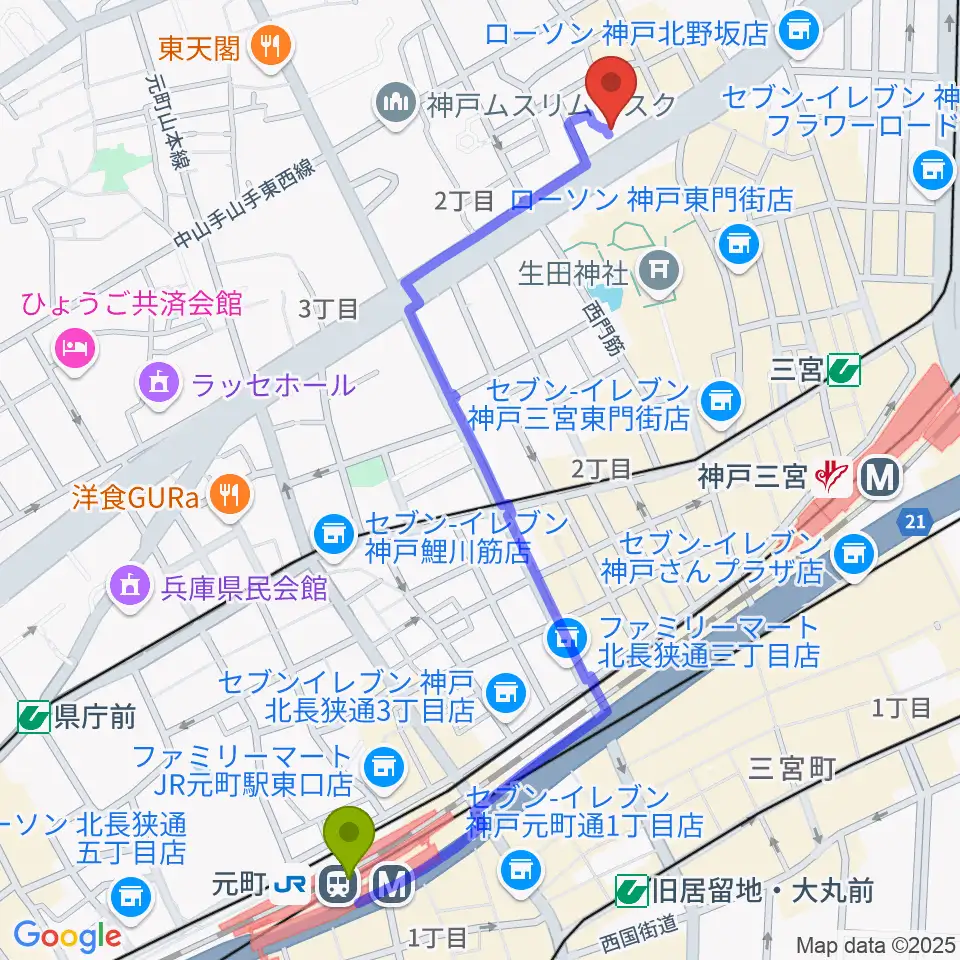 元町駅からreggae bar JAMDUNGへのルートマップ地図