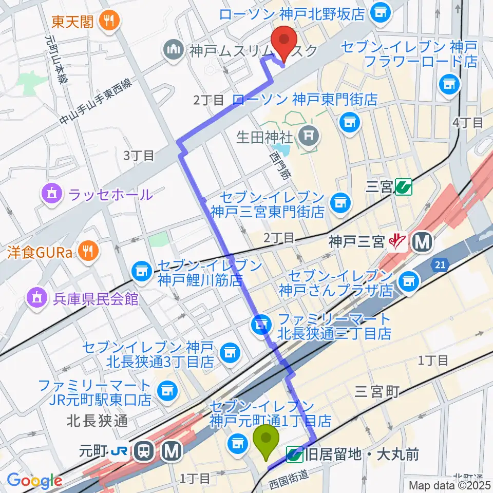 旧居留地・大丸前駅からreggae bar JAMDUNGへのルートマップ地図