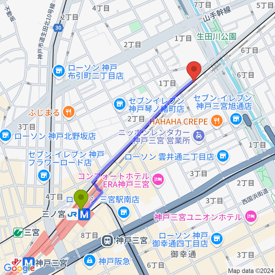 神戸三宮KINGSXの最寄駅三ノ宮駅からの徒歩ルート（約10分）地図