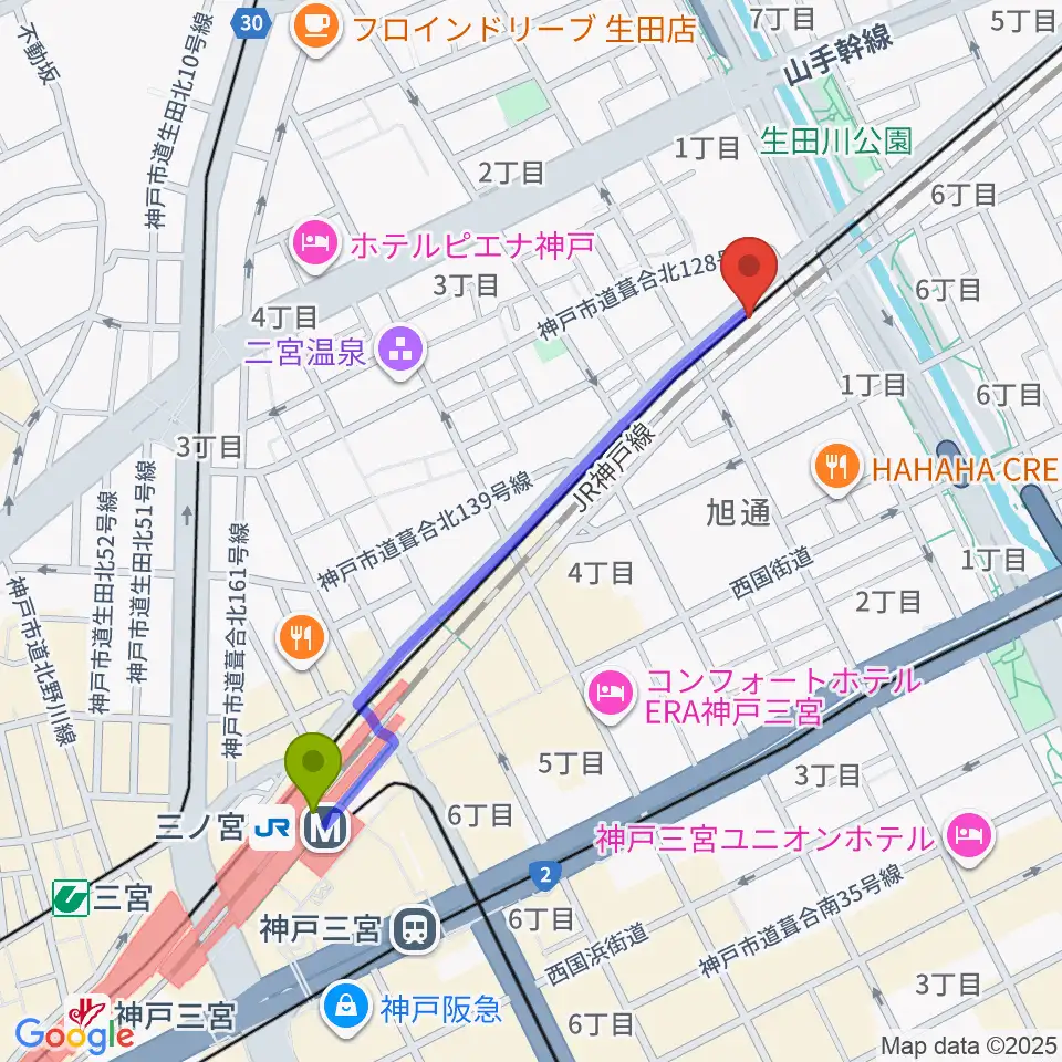 神戸三宮KINGSXの最寄駅三ノ宮駅からの徒歩ルート（約10分）地図