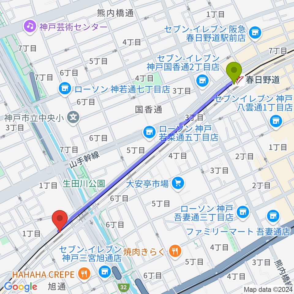 春日野道駅から神戸三宮KINGSXへのルートマップ地図