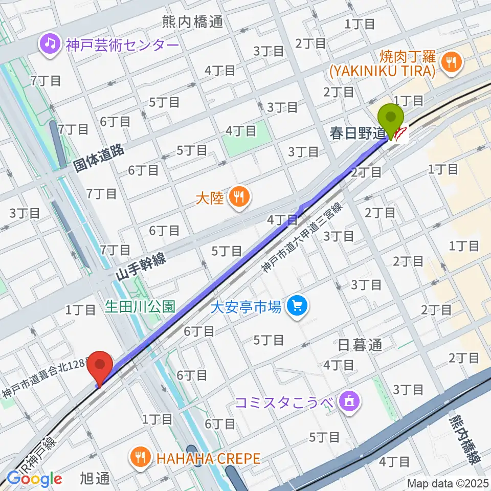 春日野道駅から神戸三宮KINGSXへのルートマップ地図