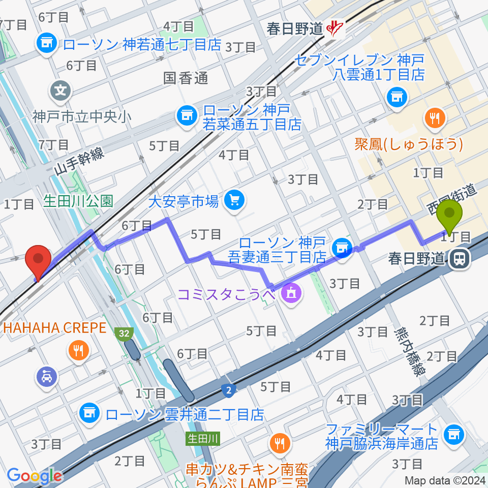 春日野道駅から神戸三宮KINGSXへのルートマップ地図