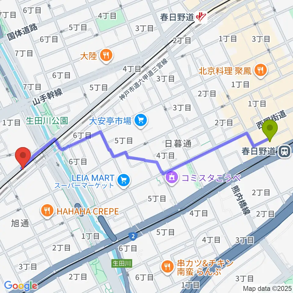 春日野道駅から神戸三宮KINGSXへのルートマップ地図
