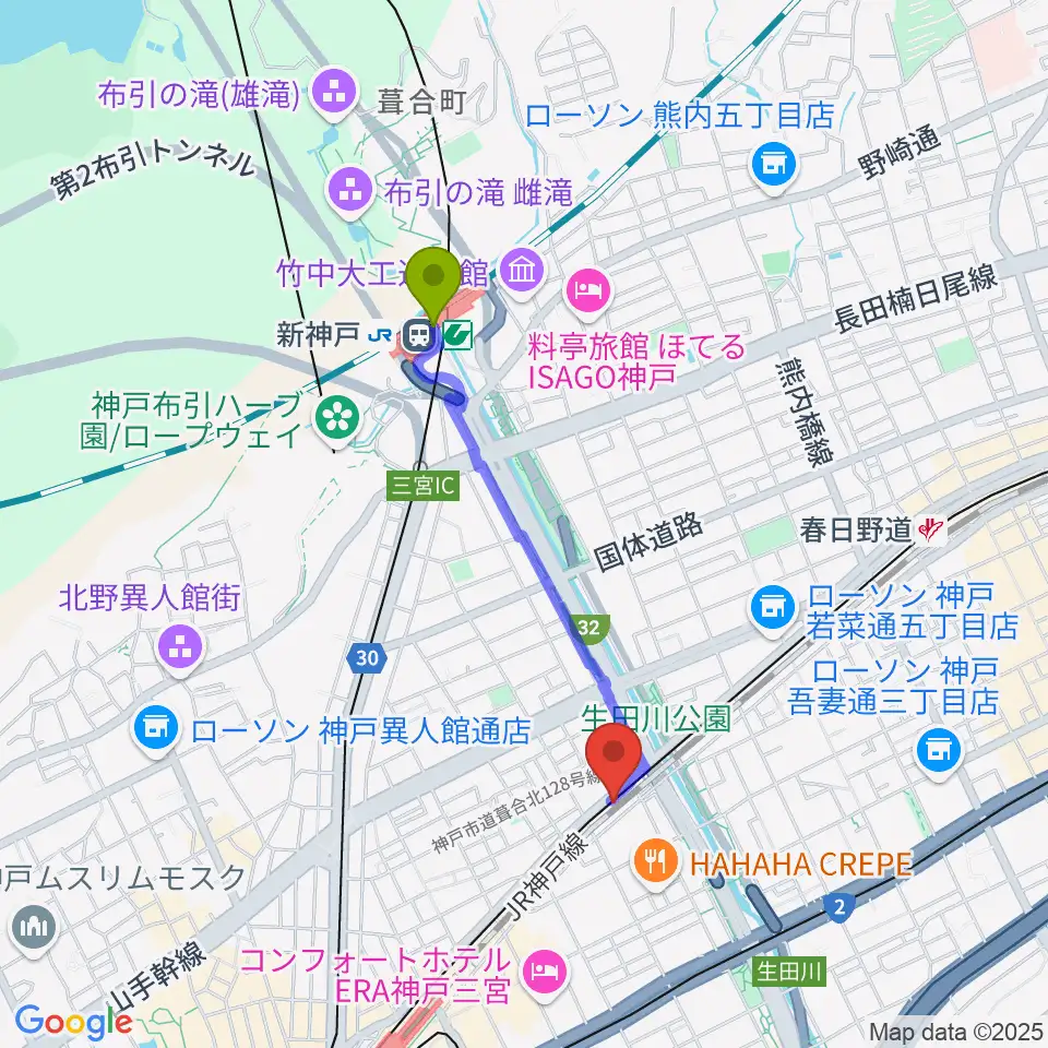 新神戸駅から神戸三宮KINGSXへのルートマップ地図