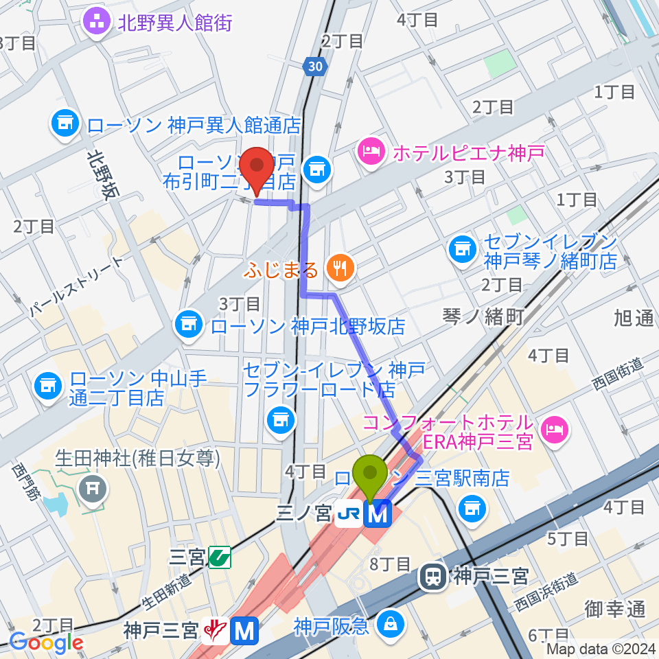 神戸ホンキートンクの最寄駅三ノ宮駅からの徒歩ルート（約8分）地図