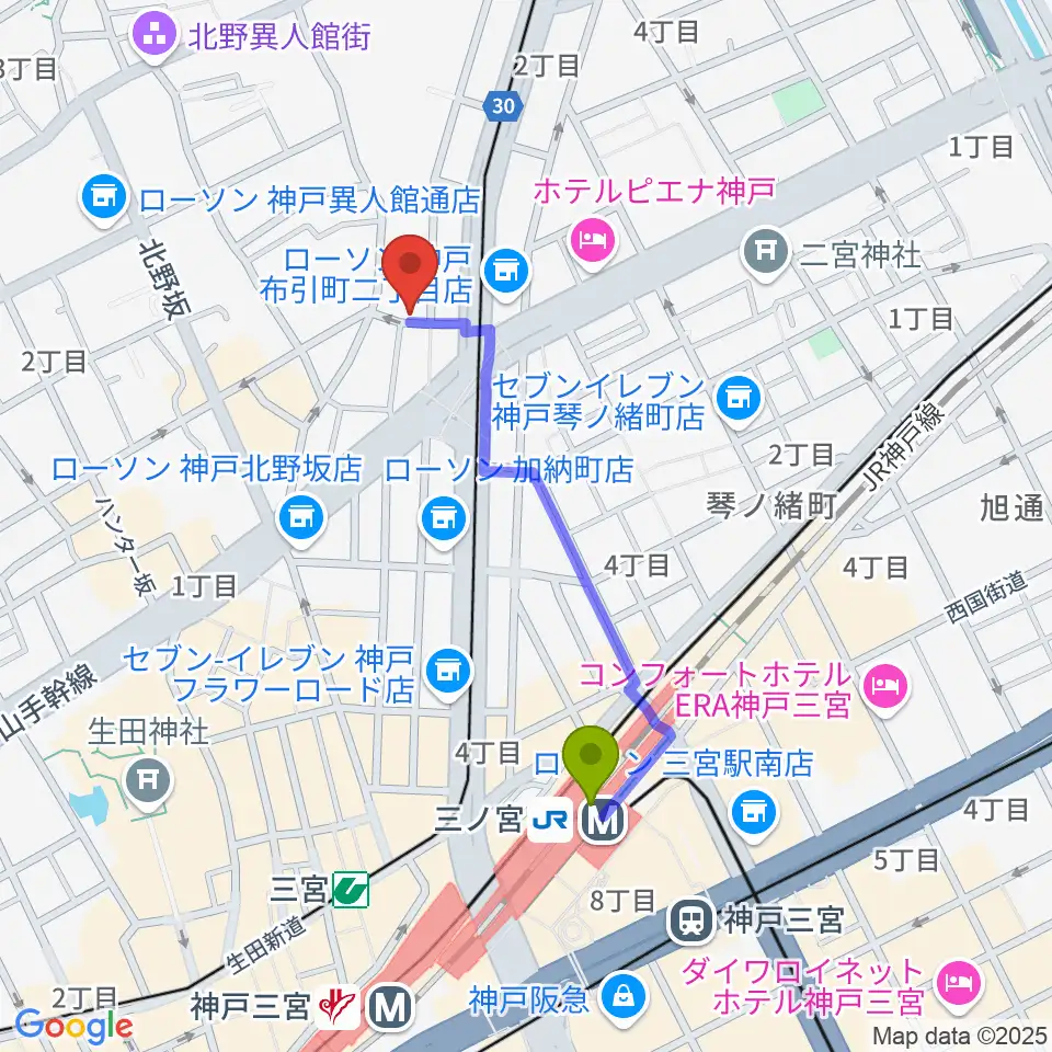 神戸ホンキートンクの最寄駅三ノ宮駅からの徒歩ルート（約8分）地図