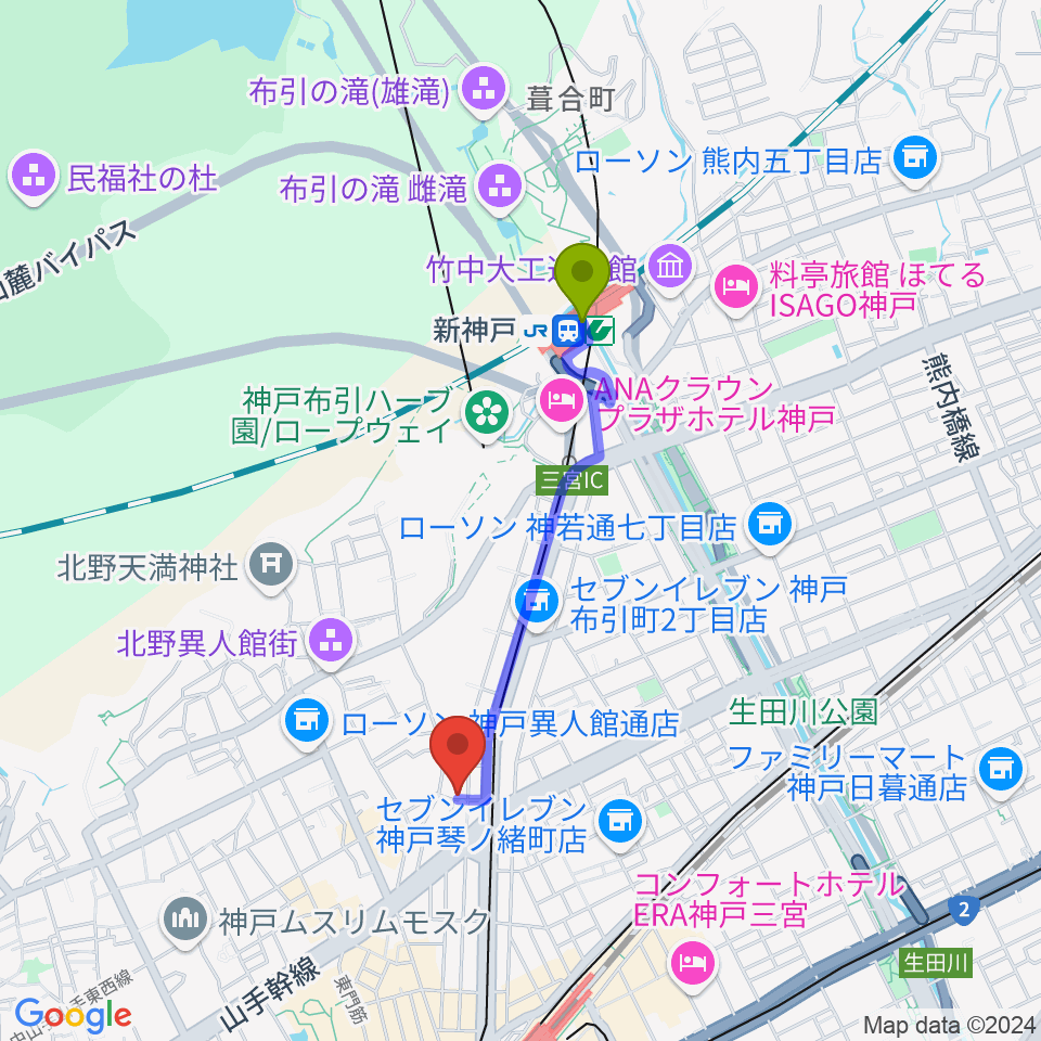 新神戸駅から神戸ホンキートンクへのルートマップ地図