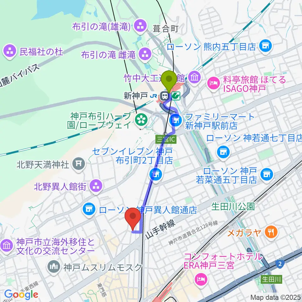 新神戸駅から神戸ホンキートンクへのルートマップ地図