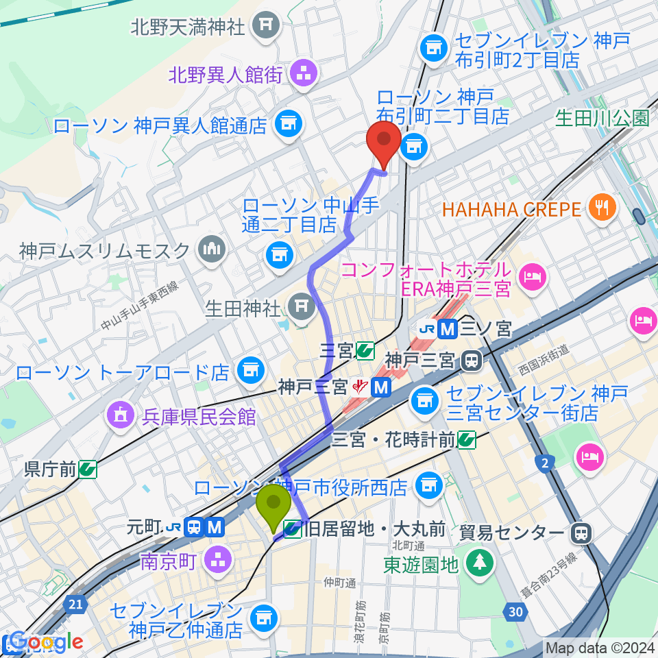 旧居留地・大丸前駅から神戸ホンキートンクへのルートマップ地図