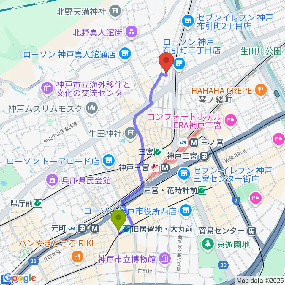 旧居留地・大丸前駅から神戸ホンキートンクへのルートマップ地図