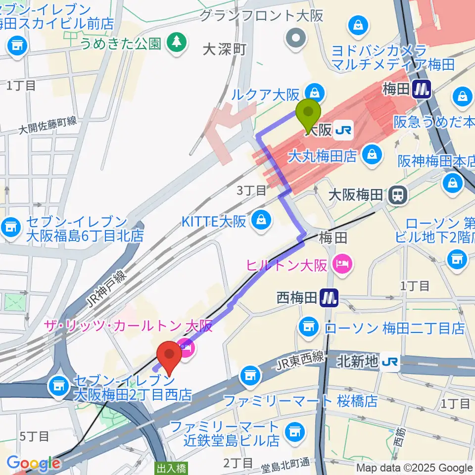 大阪駅からハービスHALLへのルートマップ地図