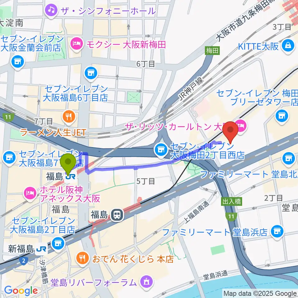 ハービスHALLの最寄駅福島駅からの徒歩ルート（約9分）地図