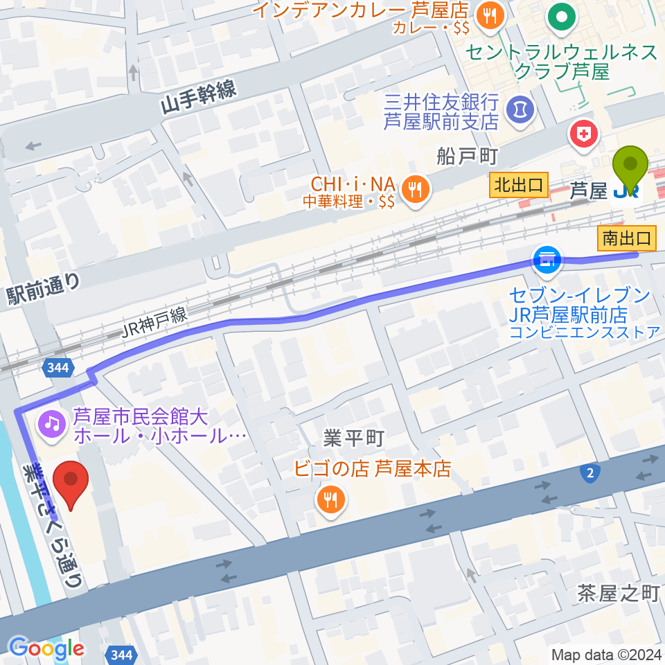 ルネサンスクラシックス芦屋ルナ・ホールの最寄駅芦屋駅からの徒歩ルート（約8分）地図