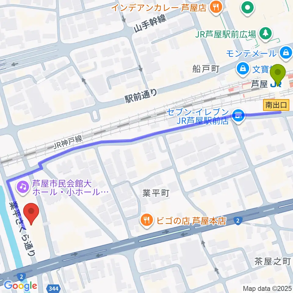 ルネサンスクラシックス芦屋ルナ・ホールの最寄駅芦屋駅からの徒歩ルート（約8分）地図