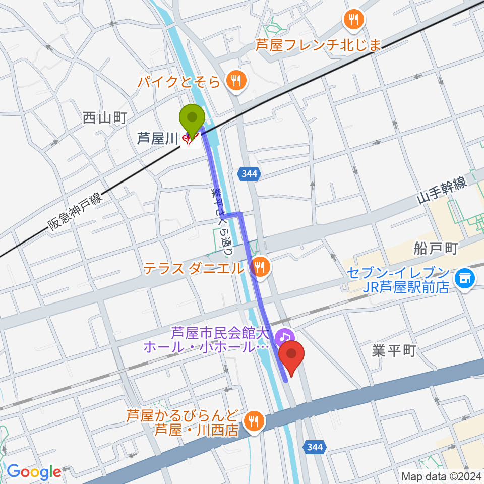 芦屋川駅からルネサンスクラシックス芦屋ルナ・ホールへのルートマップ地図