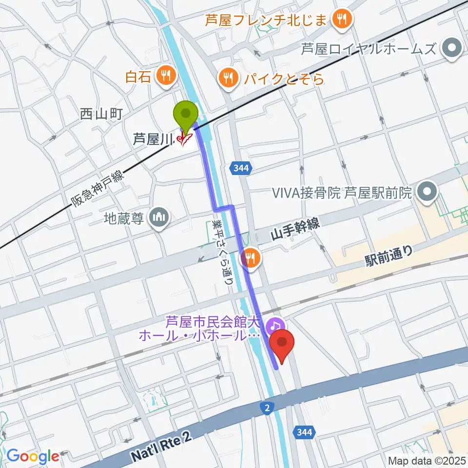 芦屋川駅からルネサンスクラシックス芦屋ルナ・ホールへのルートマップ地図