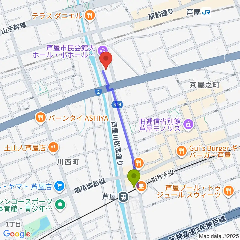 芦屋駅からルネサンスクラシックス芦屋ルナ・ホールへのルートマップ地図