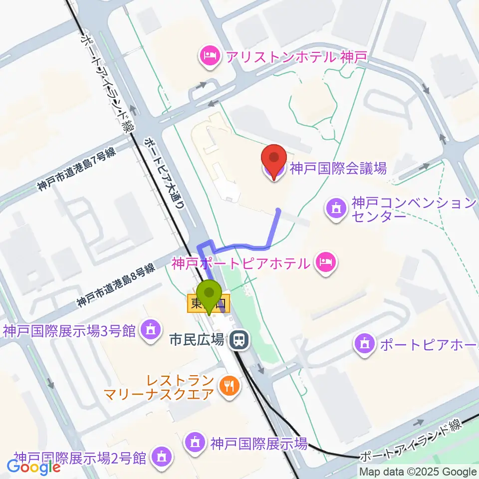 神戸国際会議場の最寄駅市民広場駅からの徒歩ルート（約2分）地図