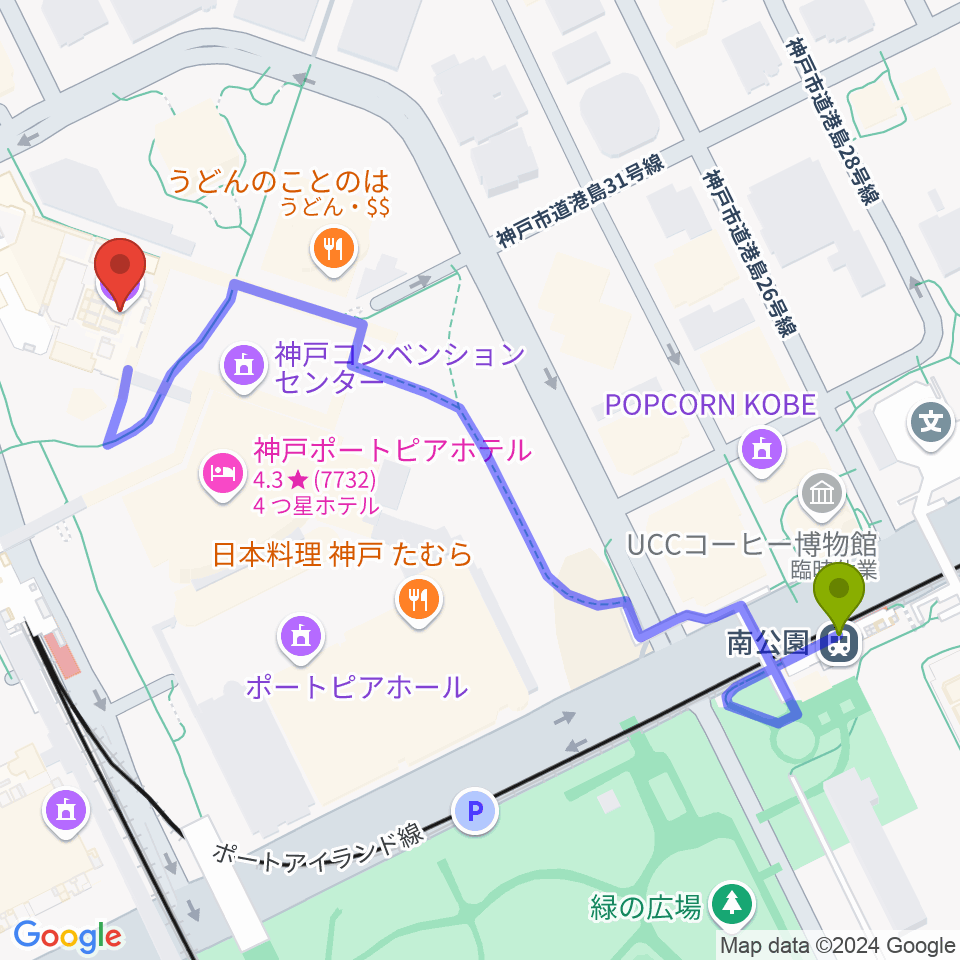 南公園駅から神戸国際会議場へのルートマップ地図