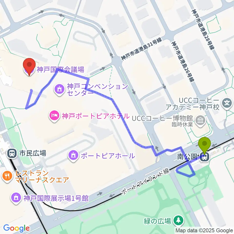 南公園駅から神戸国際会議場へのルートマップ地図