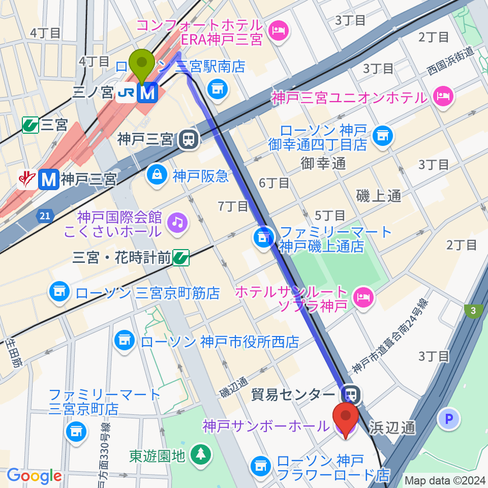 三ノ宮駅から神戸サンボーホールへのルートマップ地図