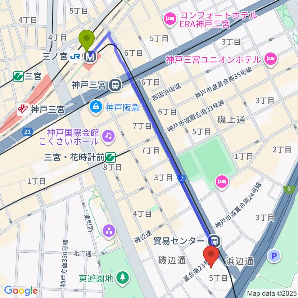 三ノ宮駅から神戸サンボーホールへのルートマップ地図
