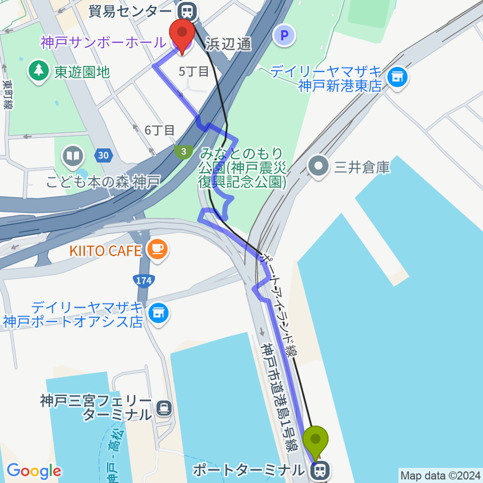 ポートターミナル駅から神戸サンボーホールへのルートマップ地図