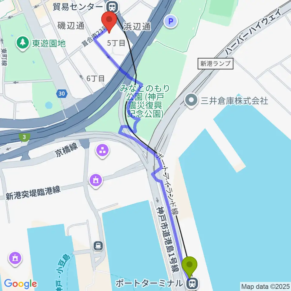 ポートターミナル駅から神戸サンボーホールへのルートマップ地図