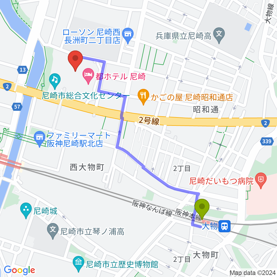 大物駅から尼崎市総合文化センターへのルートマップ地図